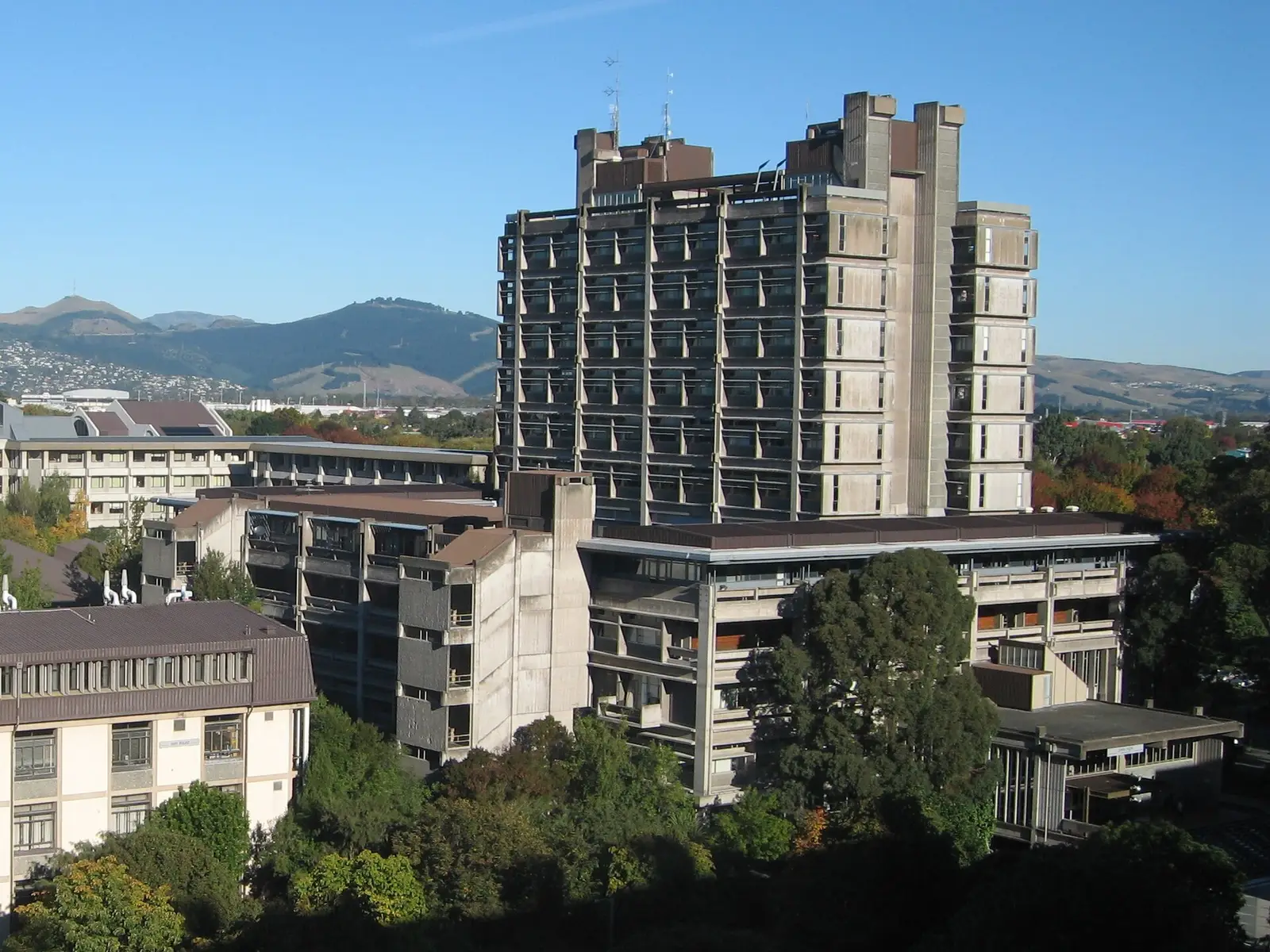 University of Canterbury campus — Central Library viewed from the Rutherford Building, University of Canterbury, Christchurch.